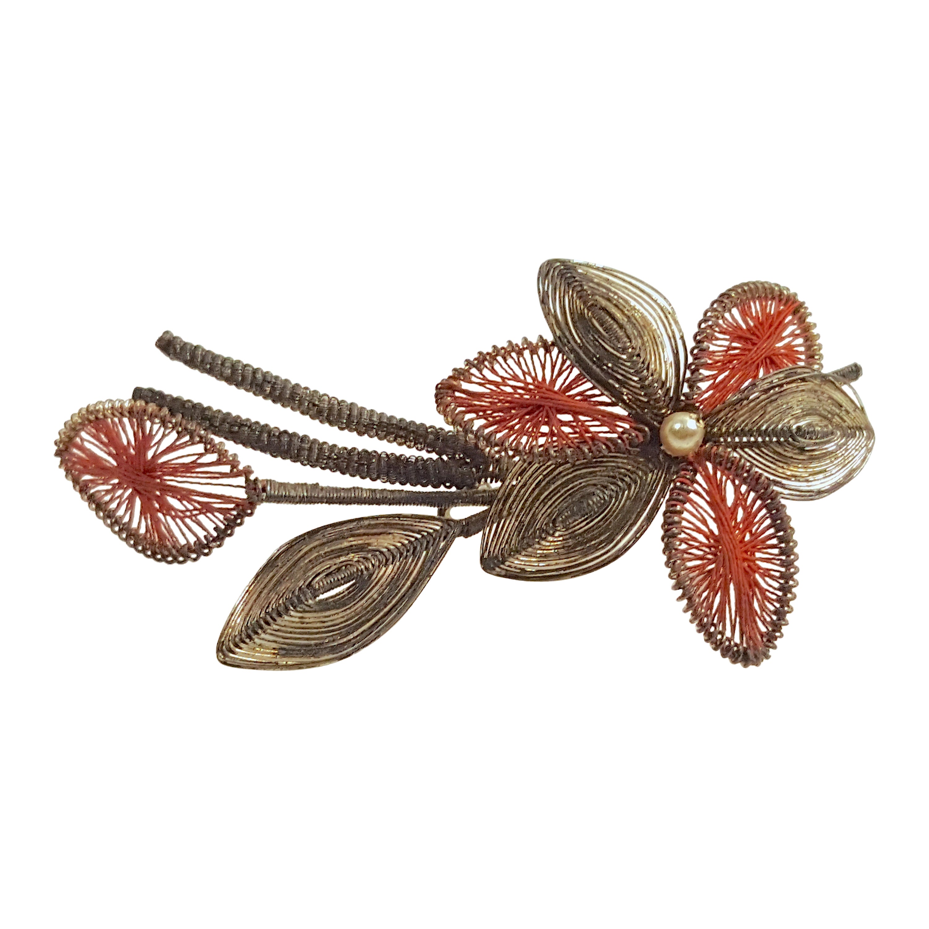 Georgian Early1800s Cannetille Filigree WiredPearl FloralSpray RedSilk PinBrooch For Sale