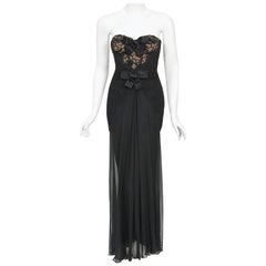 Vintage 1990s Bill Blass Couture Black Lace Nude Illusion Corset Strapless Gown