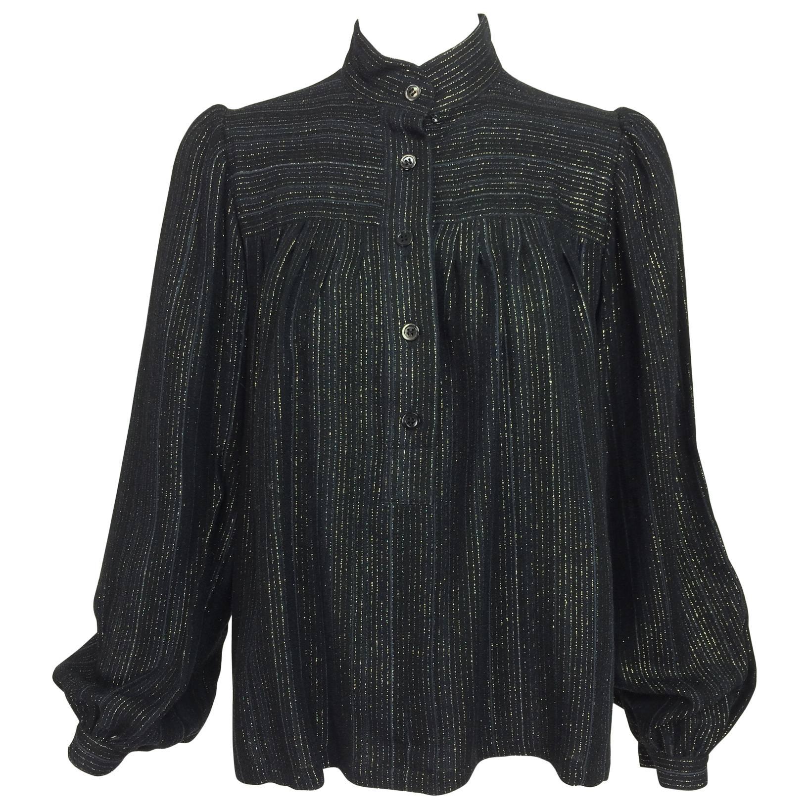 Vintage Yves Saint Laurent YSL black metallic stripe gauze peasant top ...