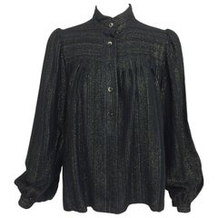 Vintage Yves Saint Laurent YSL black metallic stripe gauze peasant top 1970s