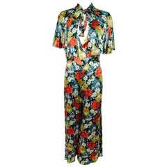 Vintage floral printed silk crepe satin beach pajamas and cape 1920s