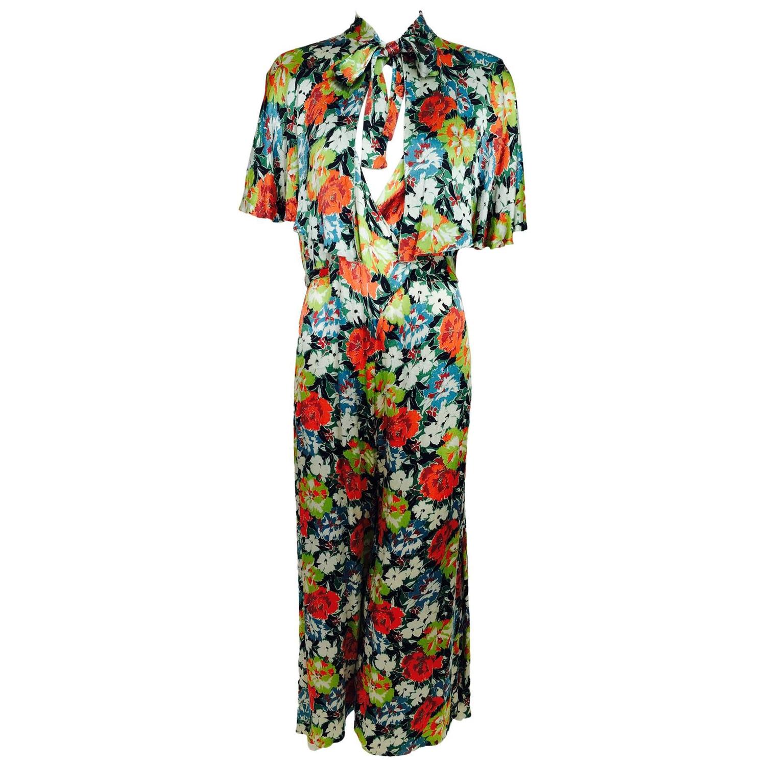 Vintage floral printed silk crepe satin beach pajamas and cape 1920s ...