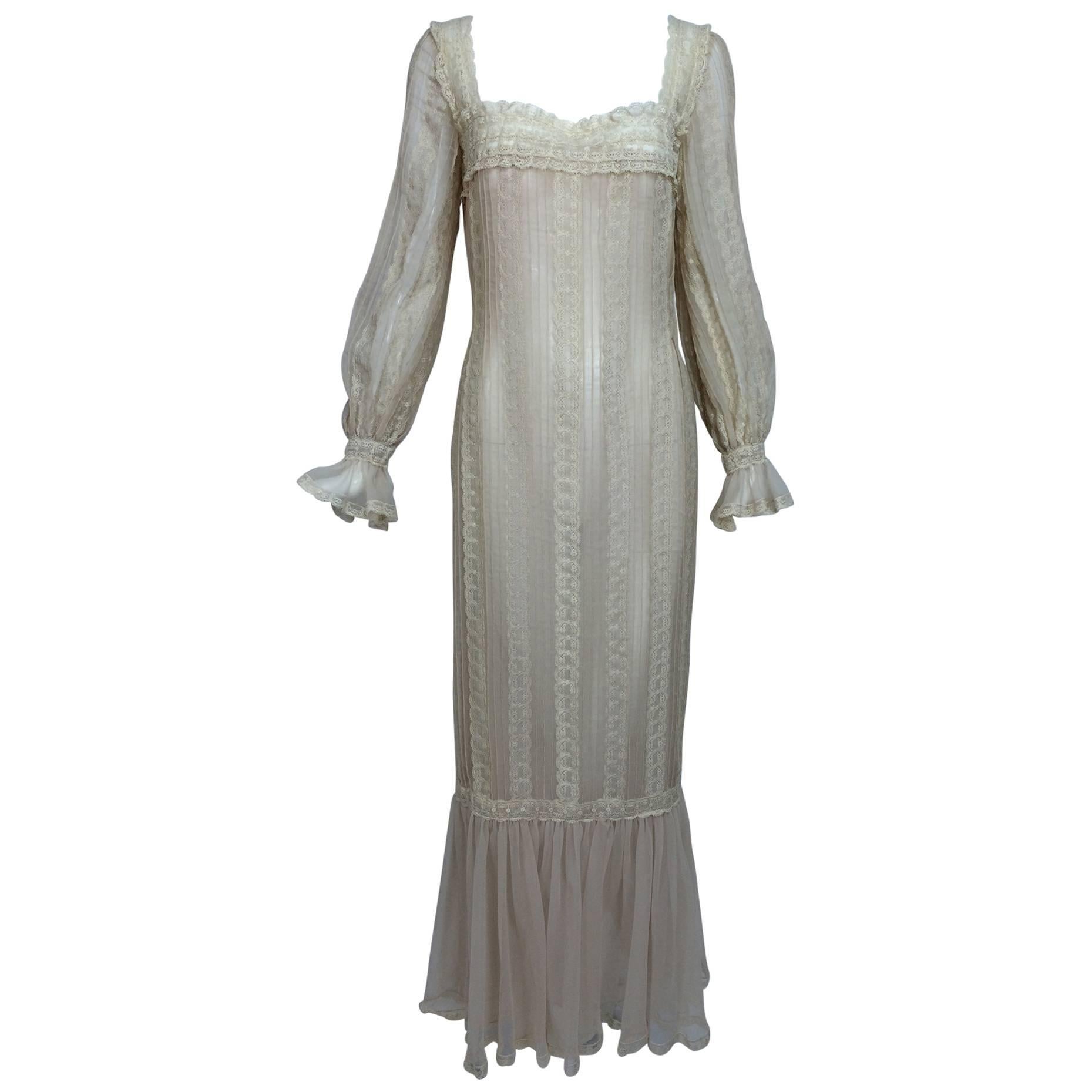 Vintage rosy taupe organza & lace square neck maxi dress 1960s