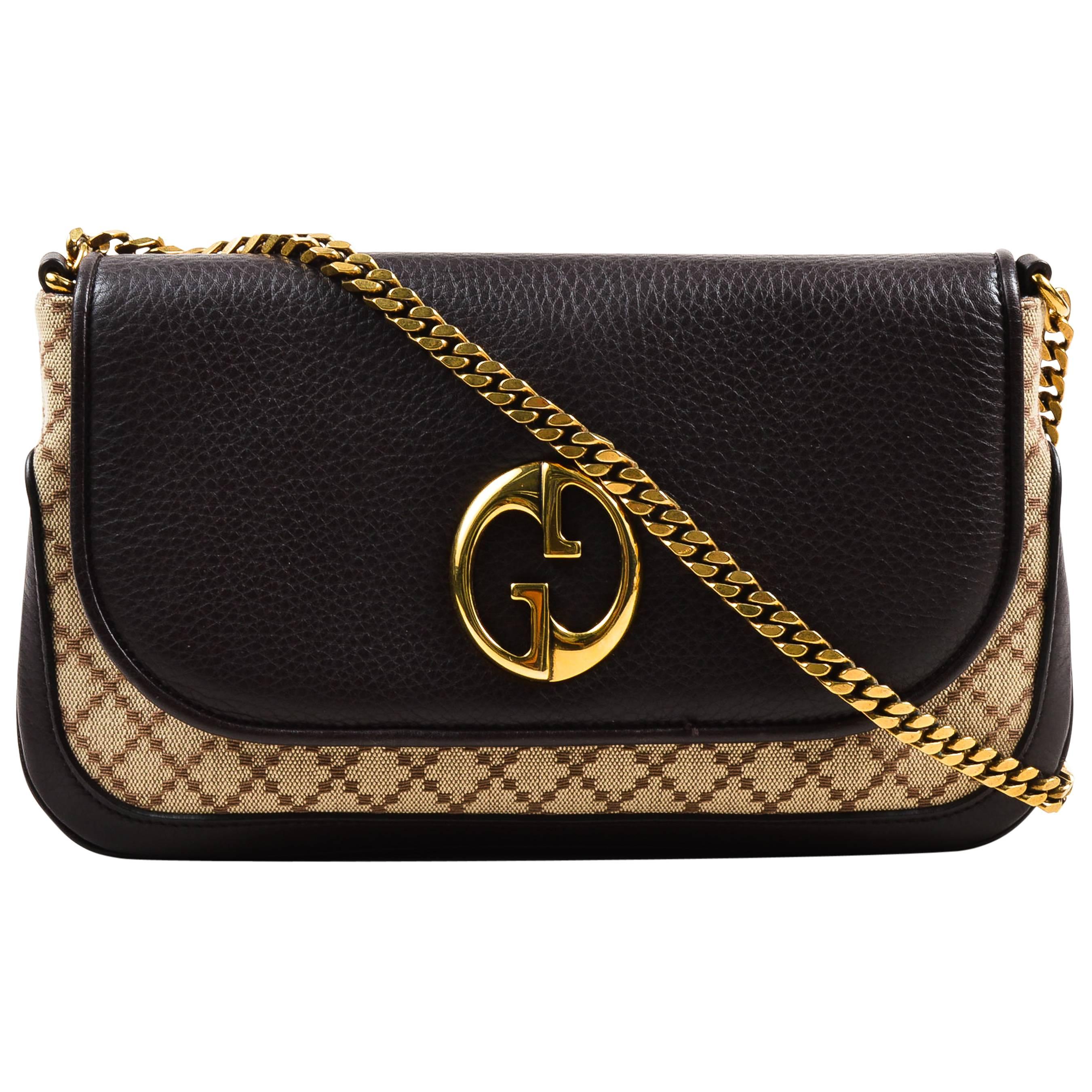 Gucci Brown Tan Leather "Diamante" Canvas "1973" Collection Handbag Purse For Sale