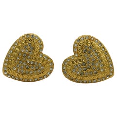 YVES SAINT LAURENT YSL Vintage Gold Tone Jewelled Heart Clip-On Earrings