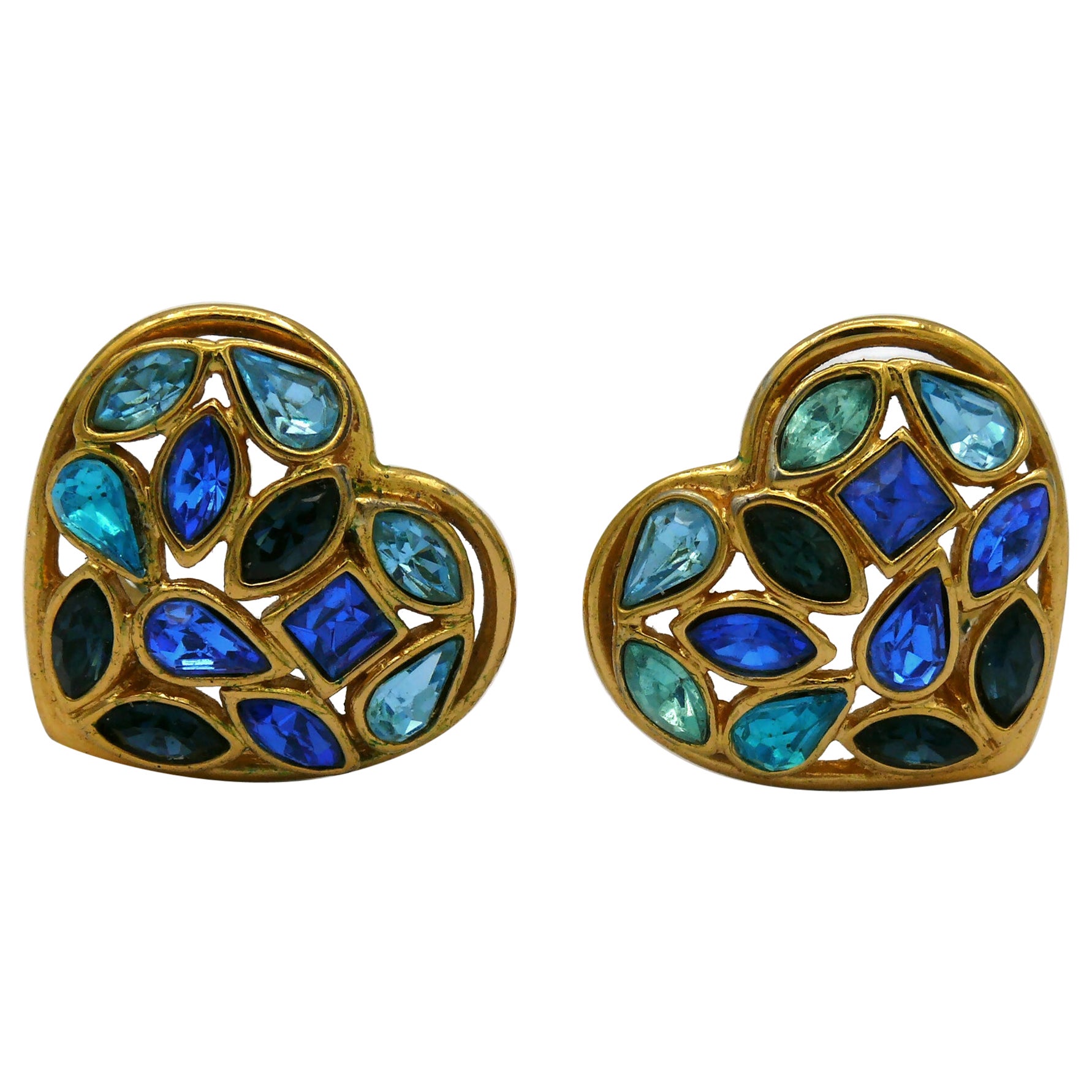 YVES SAINT LAURENT YSL Vintage Gold Tone Jewelled Heart Clip-On Earrings For Sale