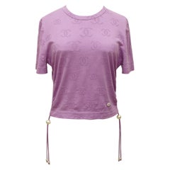 CHANEL Purple T-Shirt Top CC Logo Faux Pearls Ruching Crew Neck Sz S 2022  22 NWT For Sale at 1stDibs