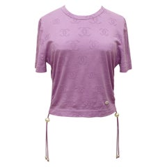 CHANEL Purple T-Shirt Top CC Logo Faux Pearls Ruching Crew Neck Sz S 2022 22 NWT