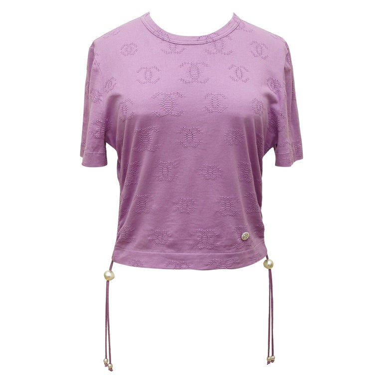 CHANEL Purple T-Shirt Top CC Logo Faux Pearls Ruching Crew Neck Sz