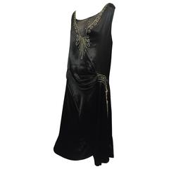 1920s Art Deco Black Silk Satin Gatsby-Style Dress with Sheer Panel and Jewels
