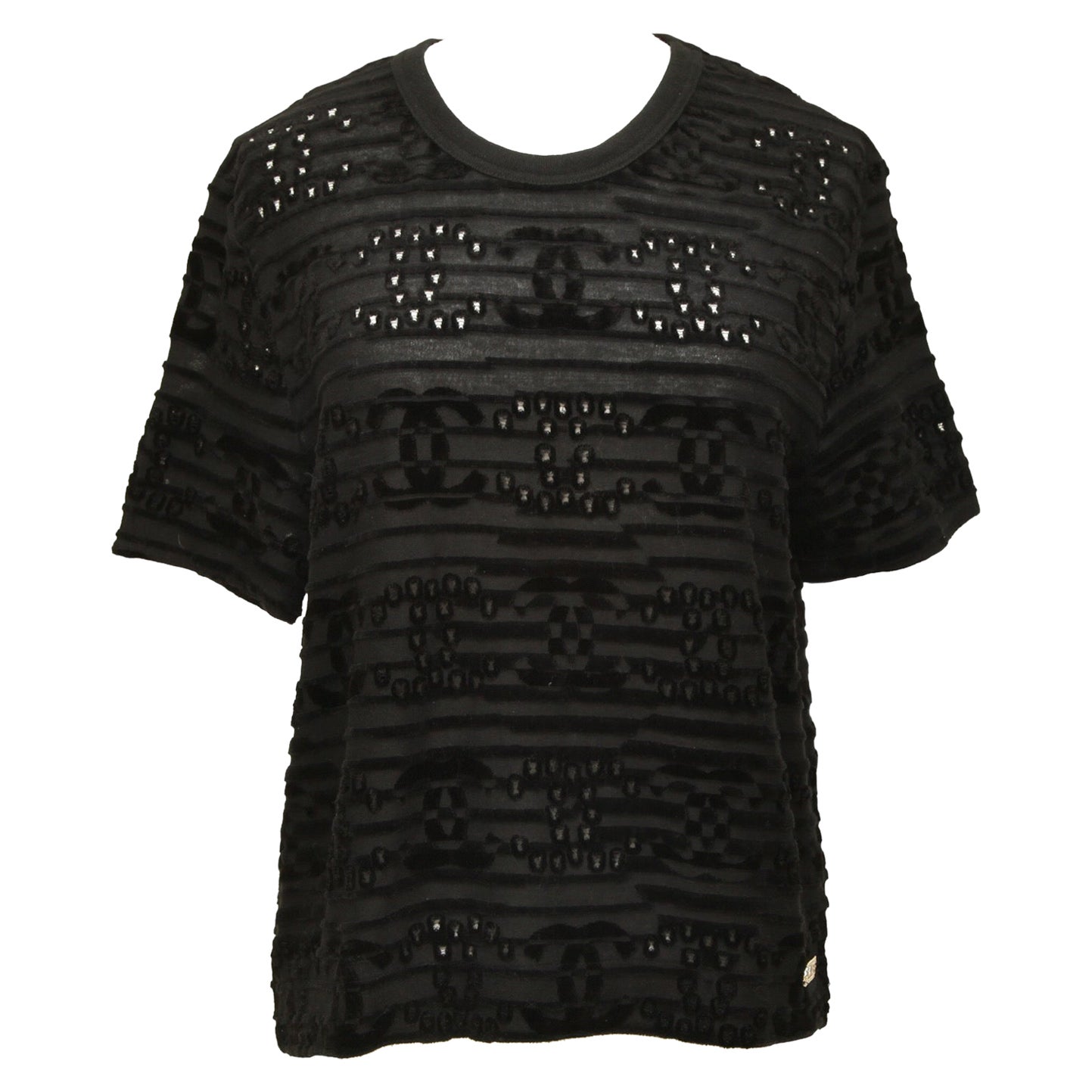 Chanel Top T-Shirt Black CC Short Sleeve Crew Neck Velvet Sz Xs 21C 2021 Nwt