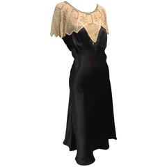 1920s Art Deco Black Silk Satin Gatsby-Style Dress w Beaded Caplet