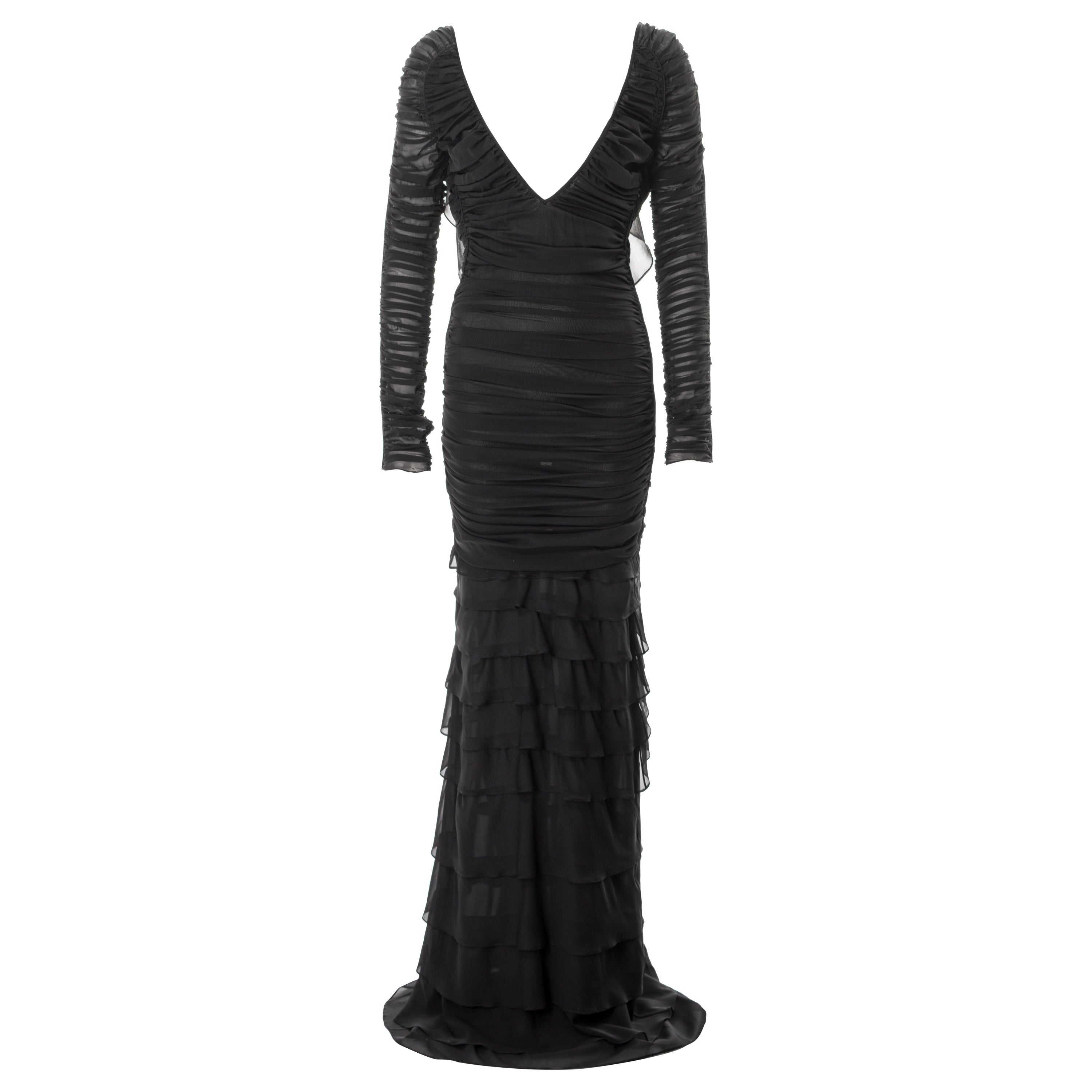 Gucci by Tom Ford black silk ruched evening dress with tired skirt, ss 2003 For Sale
