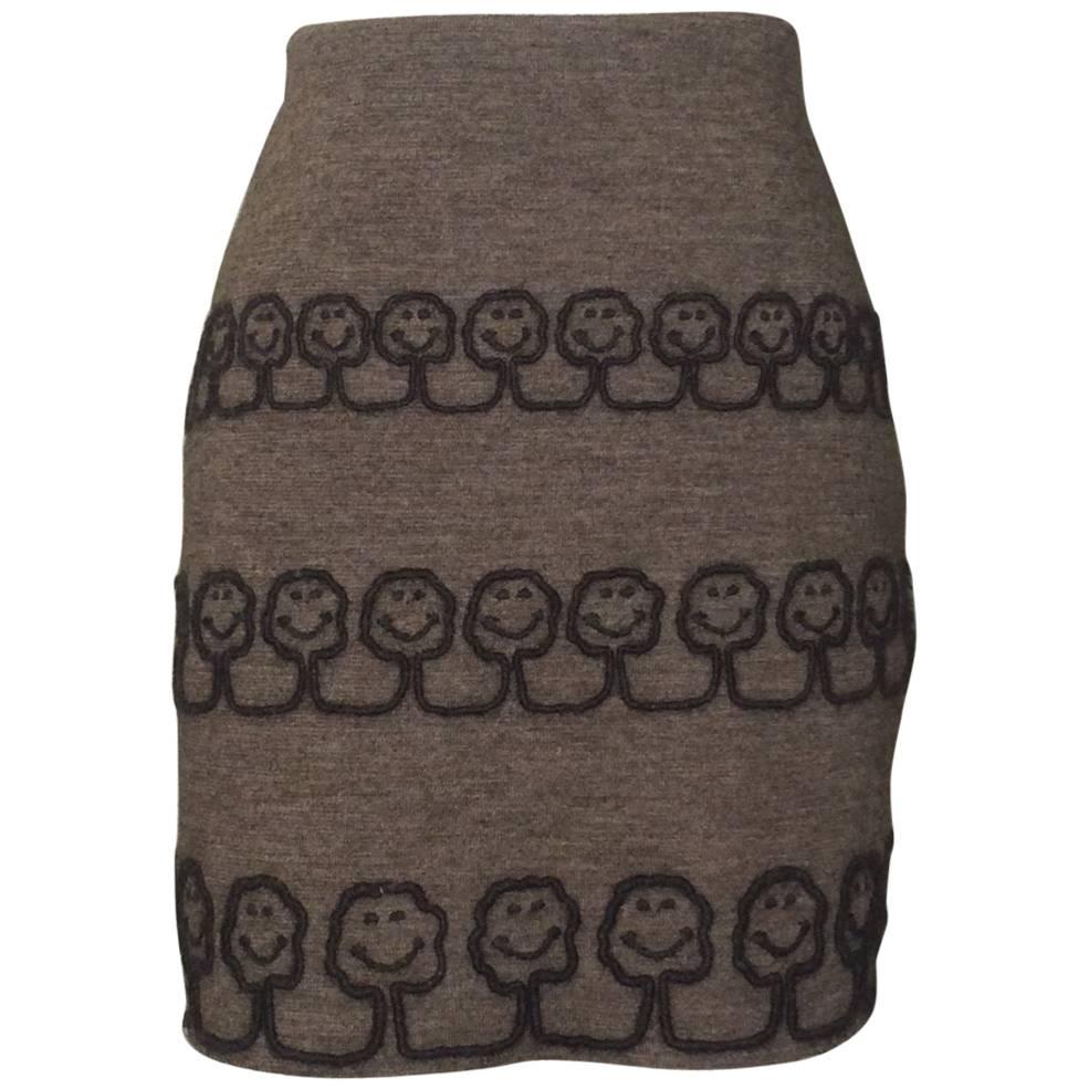 Moschino 1994 EcoCouture Smiley Face Tree Pencil Skirt in Brown Knit 