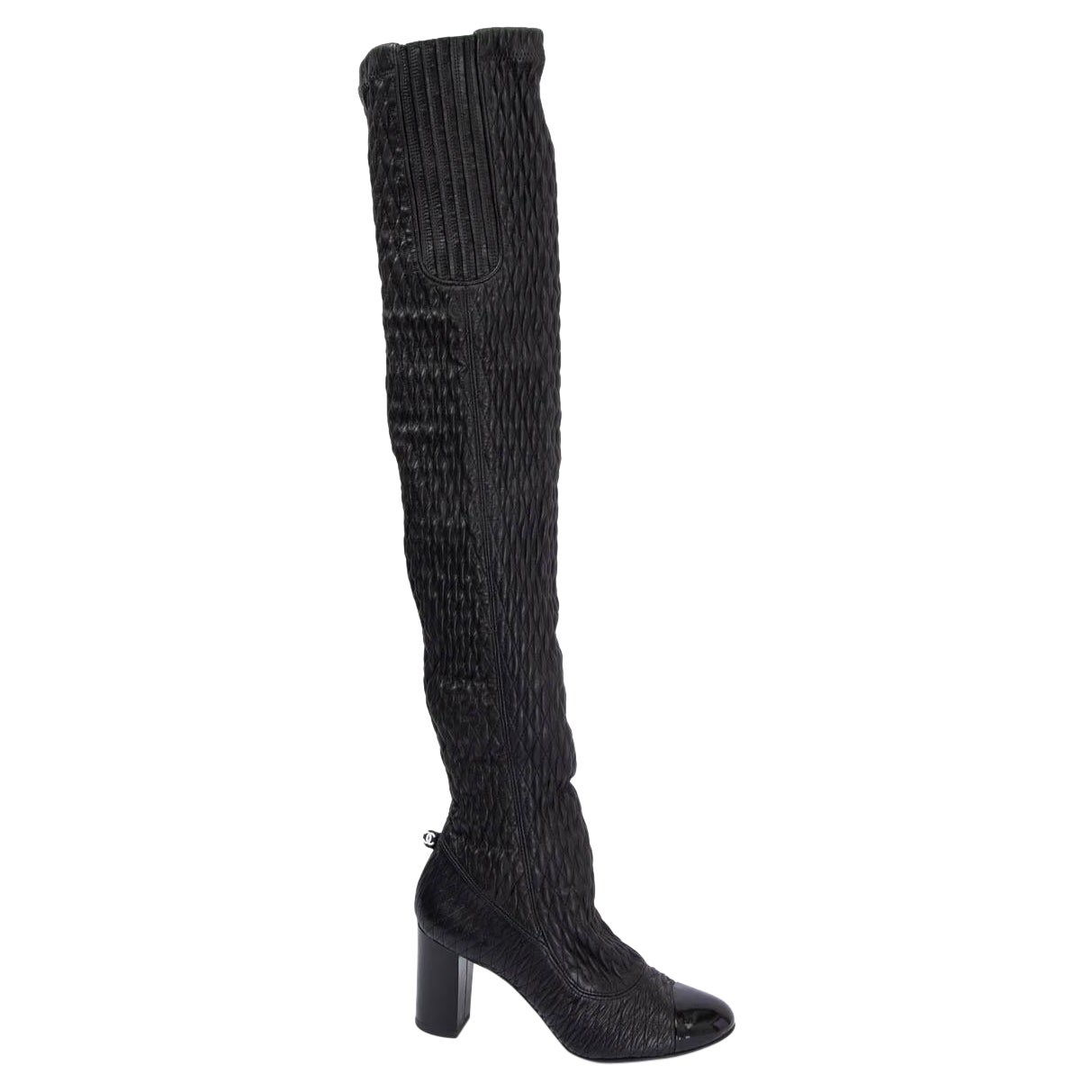 CHANEL black QUILTED STRETCH leather OVER KNEE BLOCK HEEL Boots Shoes 36.5 For Sale