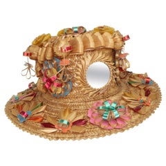 Vintage Spanish Folkloric Straw Hat With Mirror Decoration