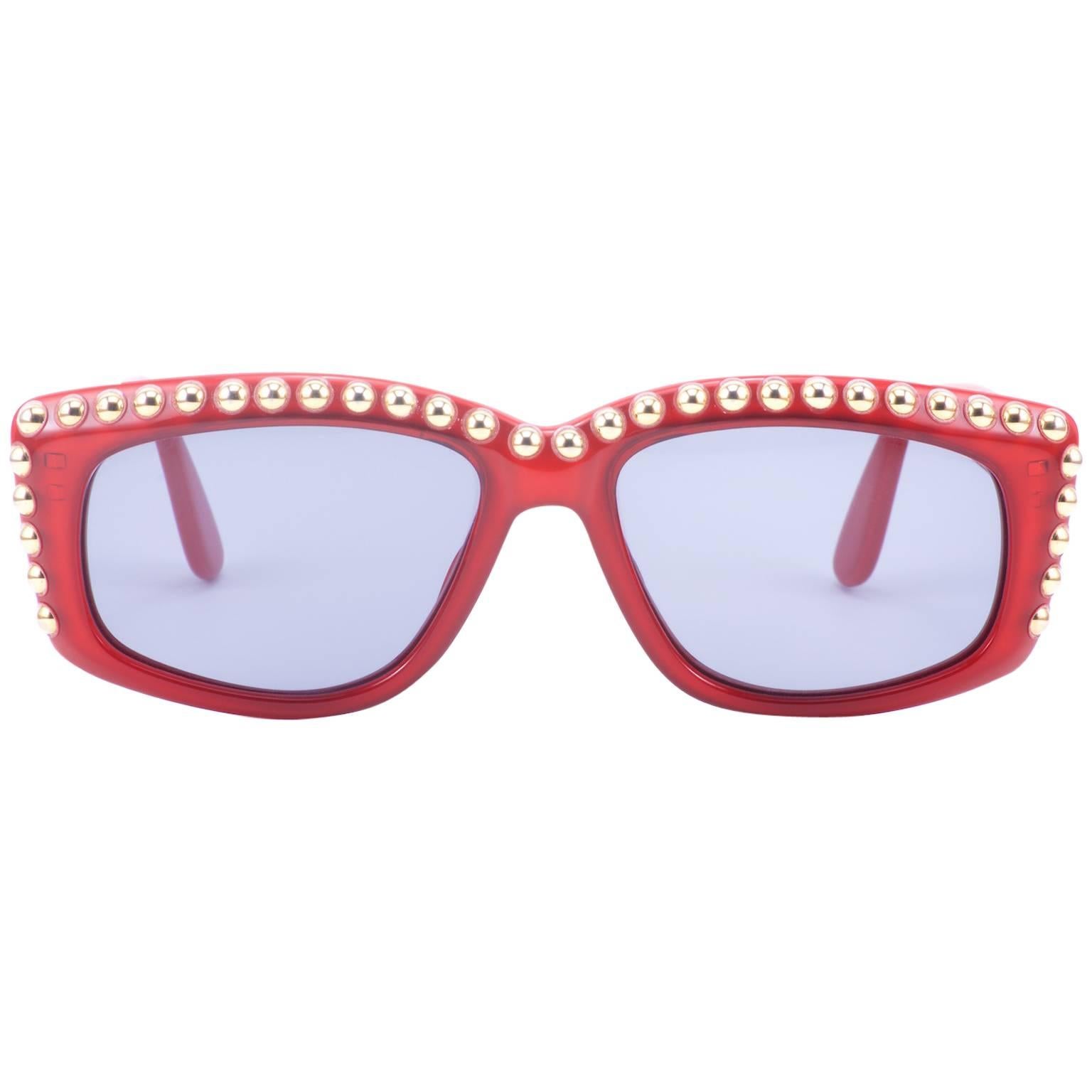 Emmanuelle Khanh EK Red Rouge Gold Jeweled Sunglasses, Made in France For Sale