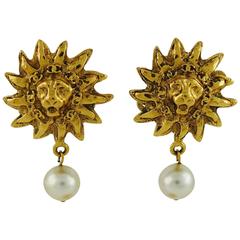 Chanel Vintage Lion CC Logo and Pearl Dangling Earrings 5