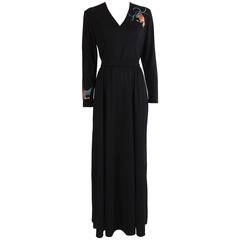 Vintage 1970's Black Maxi Dress with Exotic Bird Embroidery