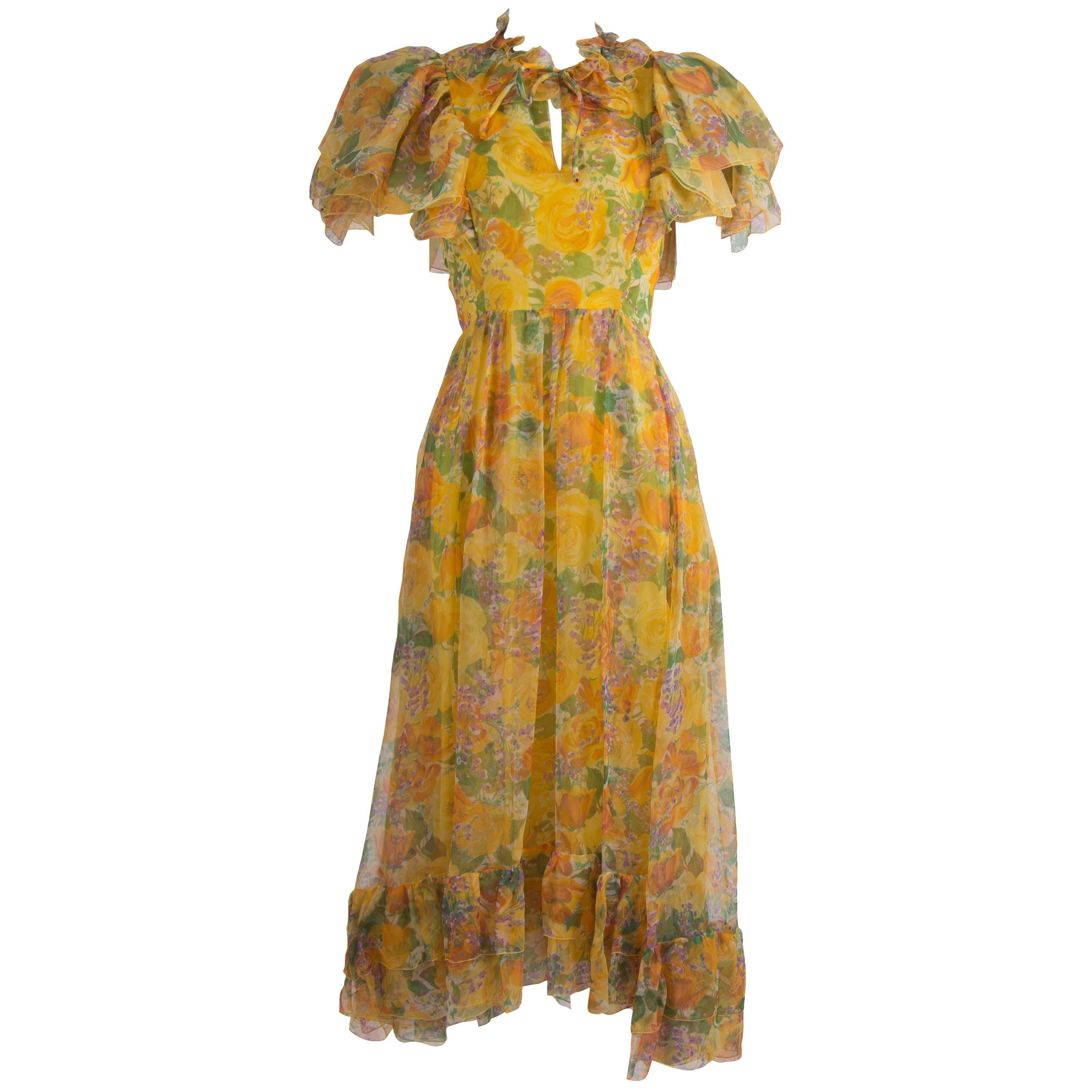 1970's Harald Yellow Floral Dress For Sale