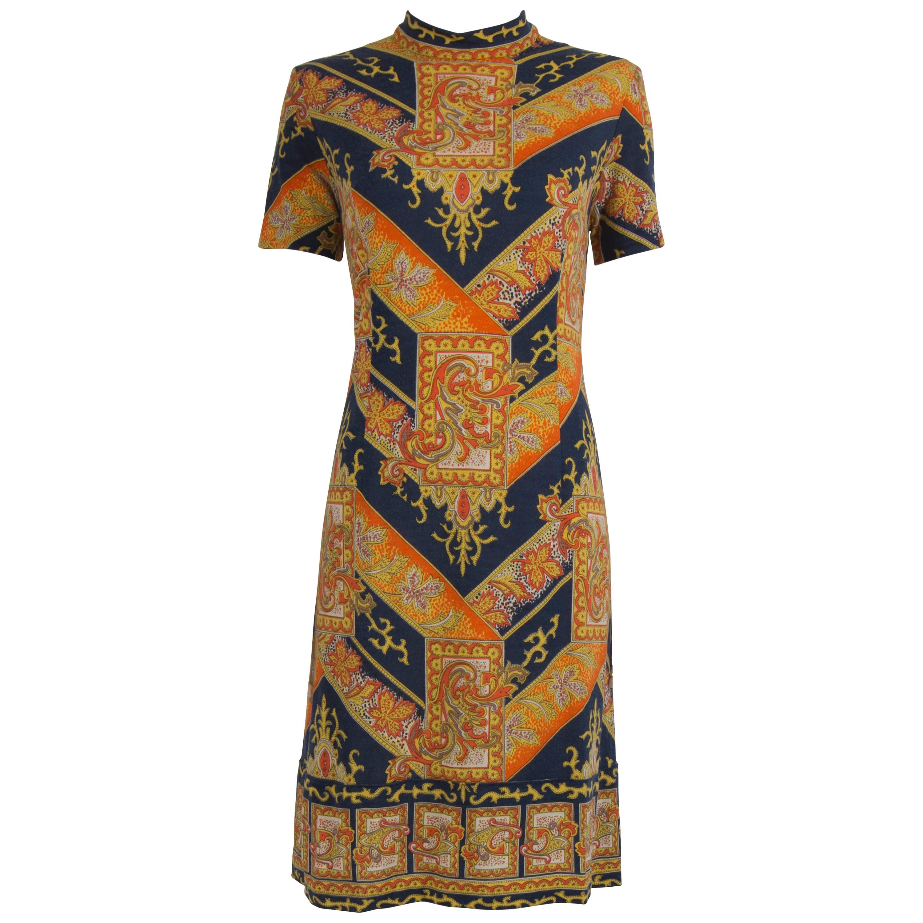 1960's Navy & Orange Wool Austrian Mod Dress For Sale