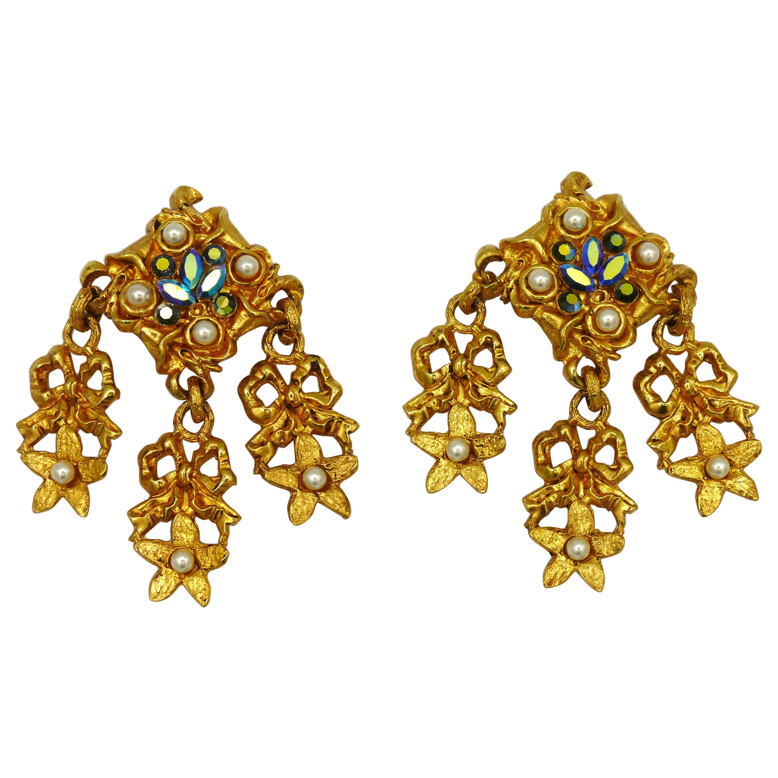 L'OR DU SOIR Vintage Gold Tone Jewelled Dangling Earrings