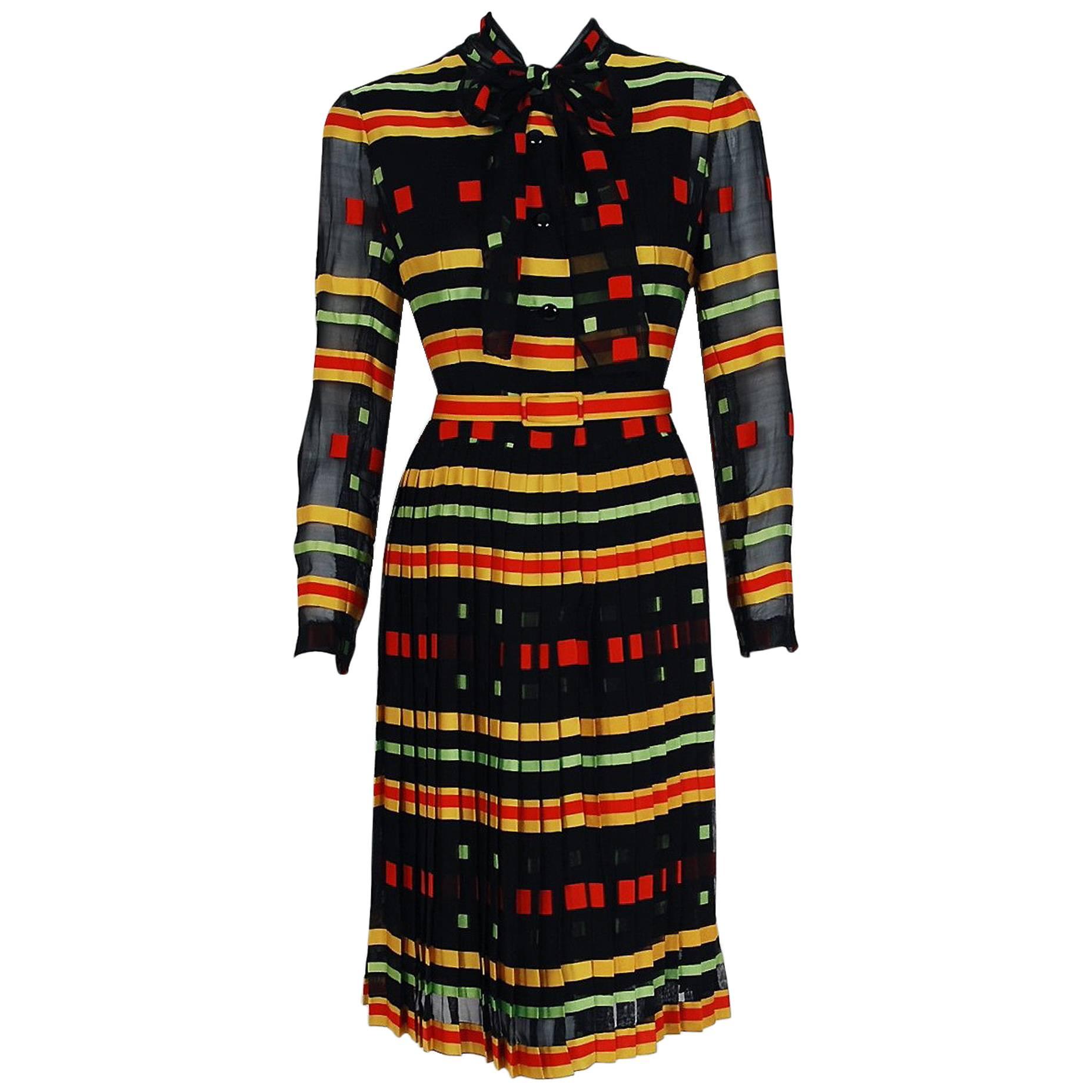 1973 Givenchy Colorful Striped Illusion Pleated Silk Ascot-Bow Belted Dress   