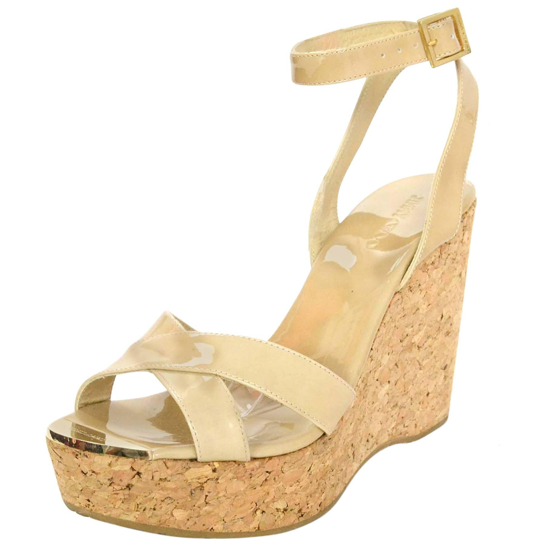 Jimmy Choo Patent Leather Nude and Cork Wedges Sz 39
