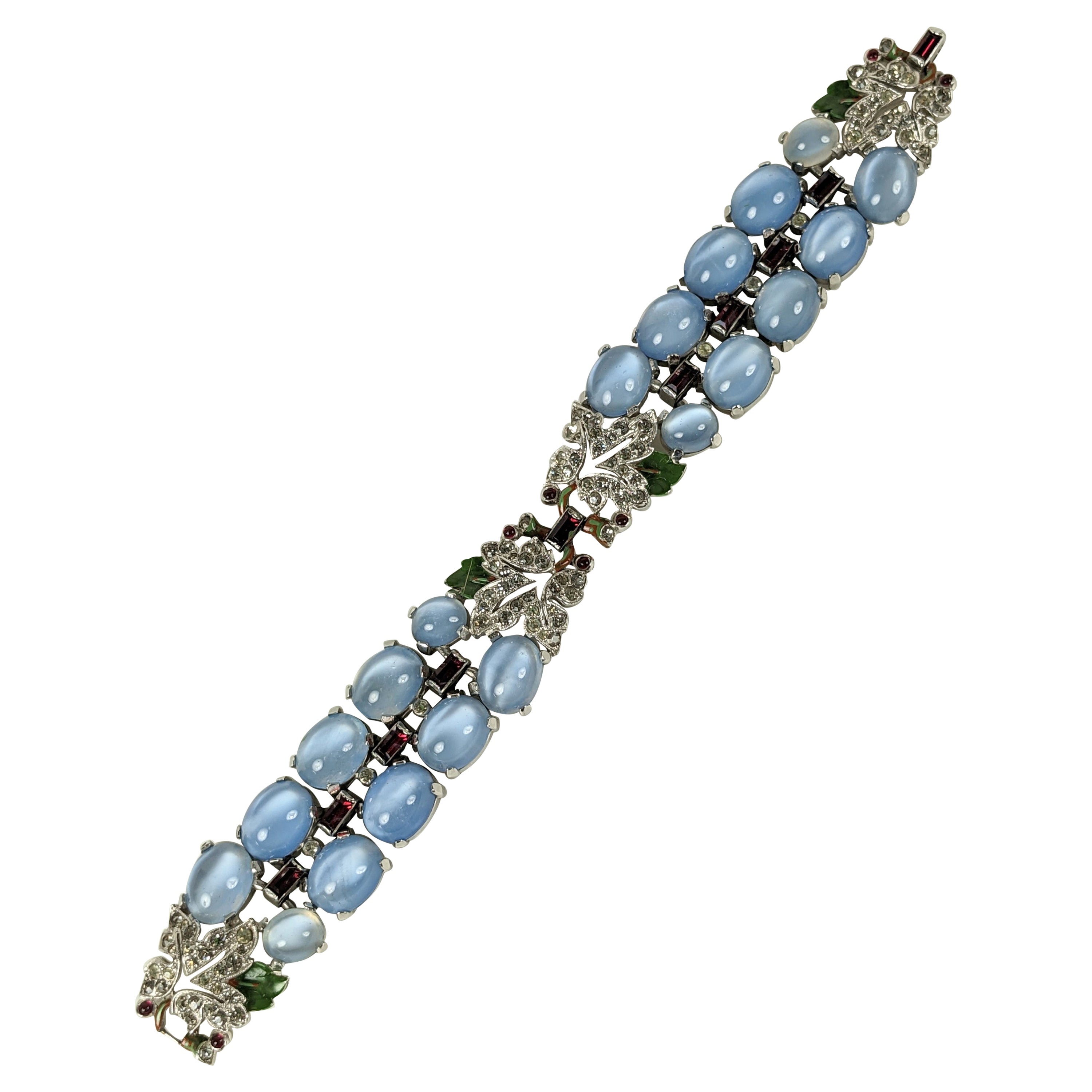 Trifari Blue Moonstone, Ruby and Enamel Deco Bracelet, Alfred Phillipe For Sale