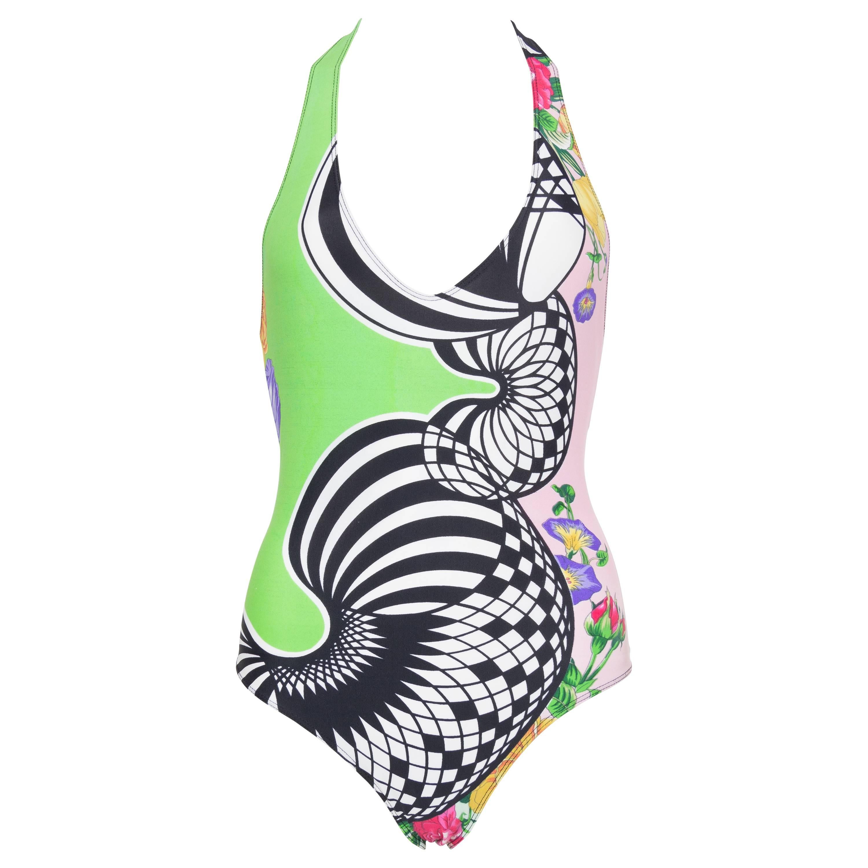 1990S GIANNI VERSACE Neon Green Versus Deadstock Abstract Floral One Piece Swim