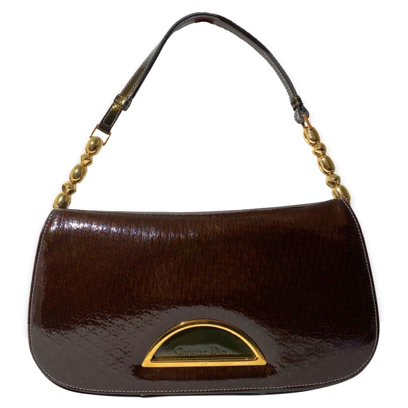 Dior 2000s Malice Brown Khaki Monogram Patent Leather Bag