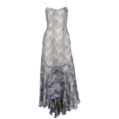 Blaues & grünes Kleid mit Federdruck von Chloe 1999