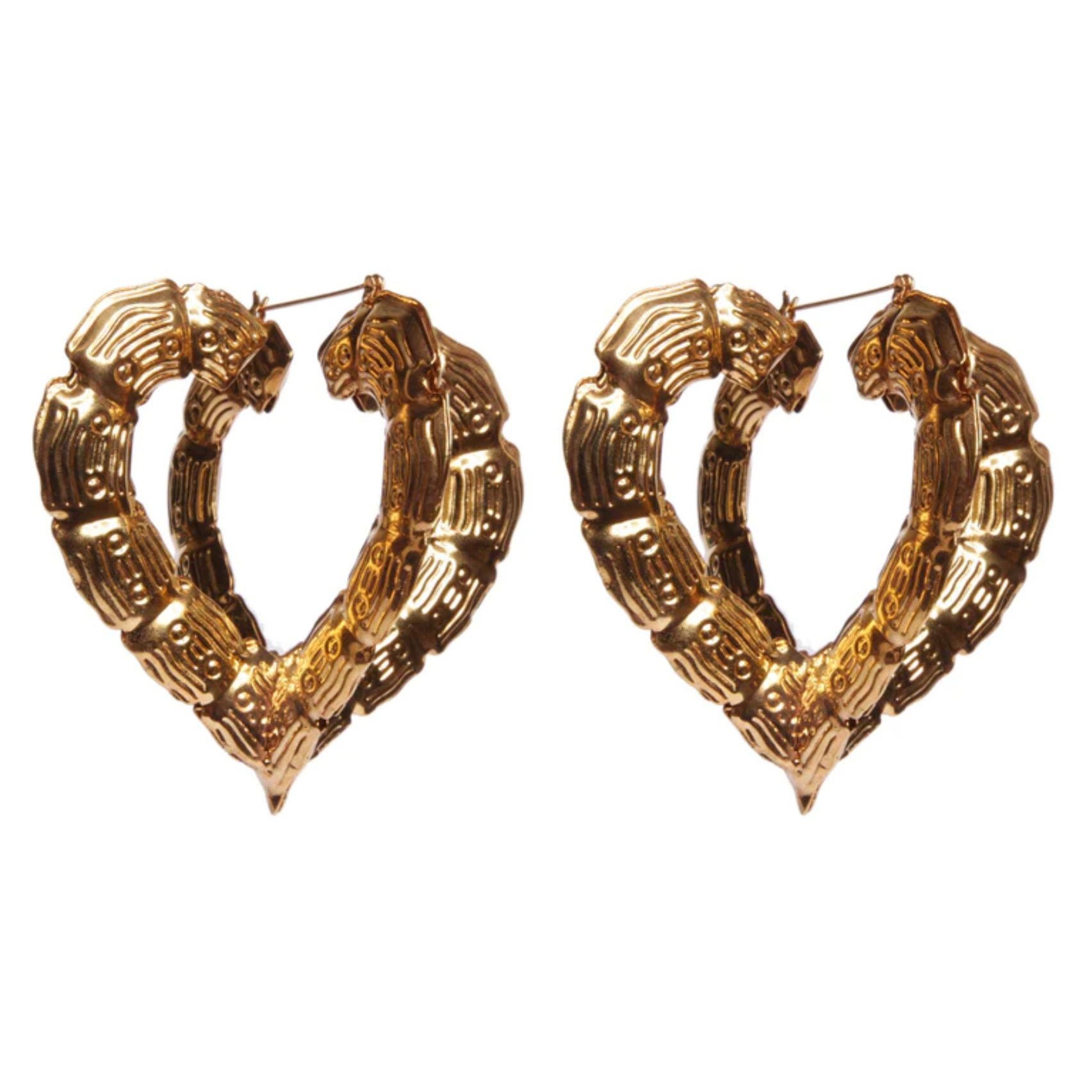 24K Gold Heart Bamboo Earrings For Sale