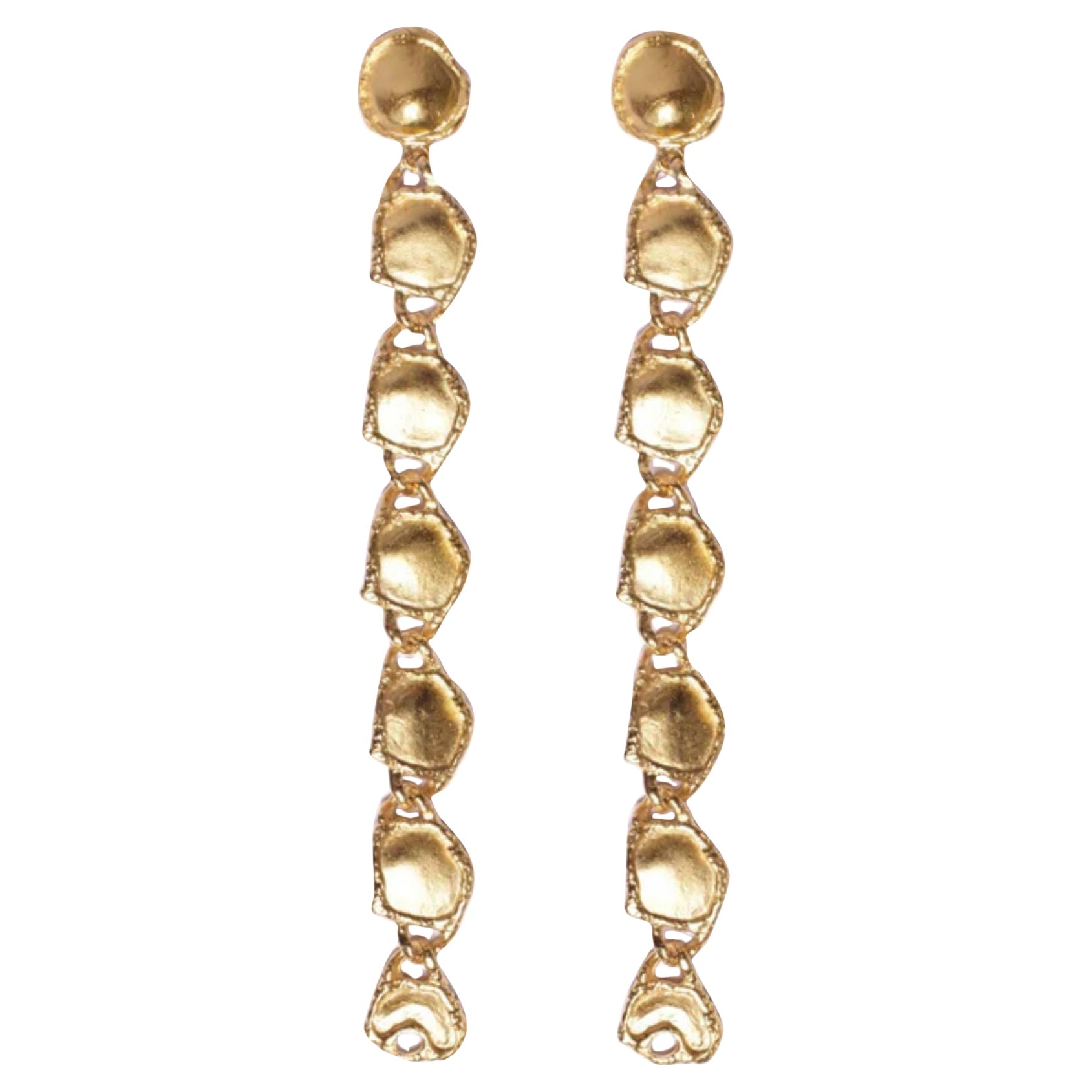 24K Gold Plated Long Drop Earrings on Pewter For Sale