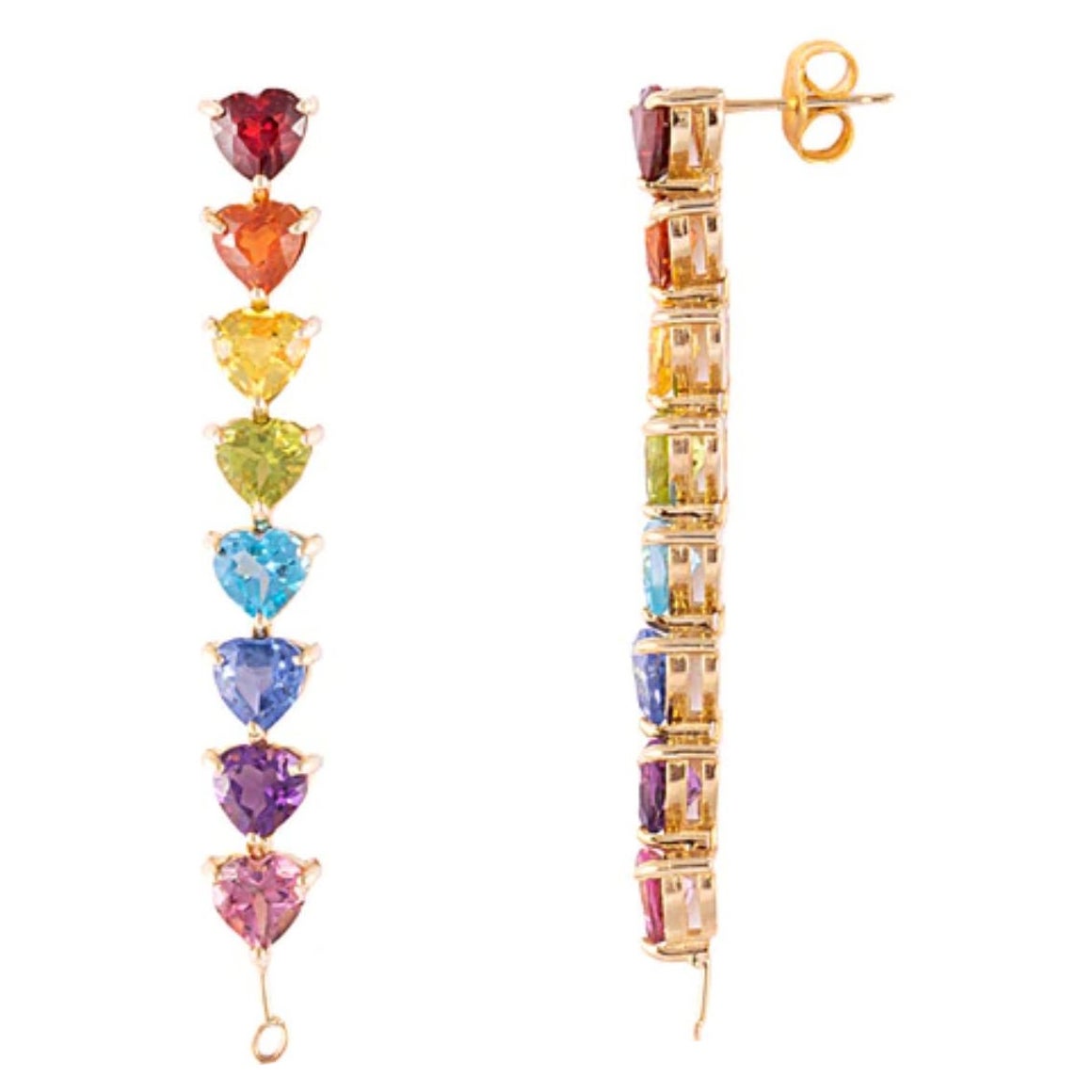 Pair of 14K Yellow Gold Rainbow Heart Drop Earrings For Sale