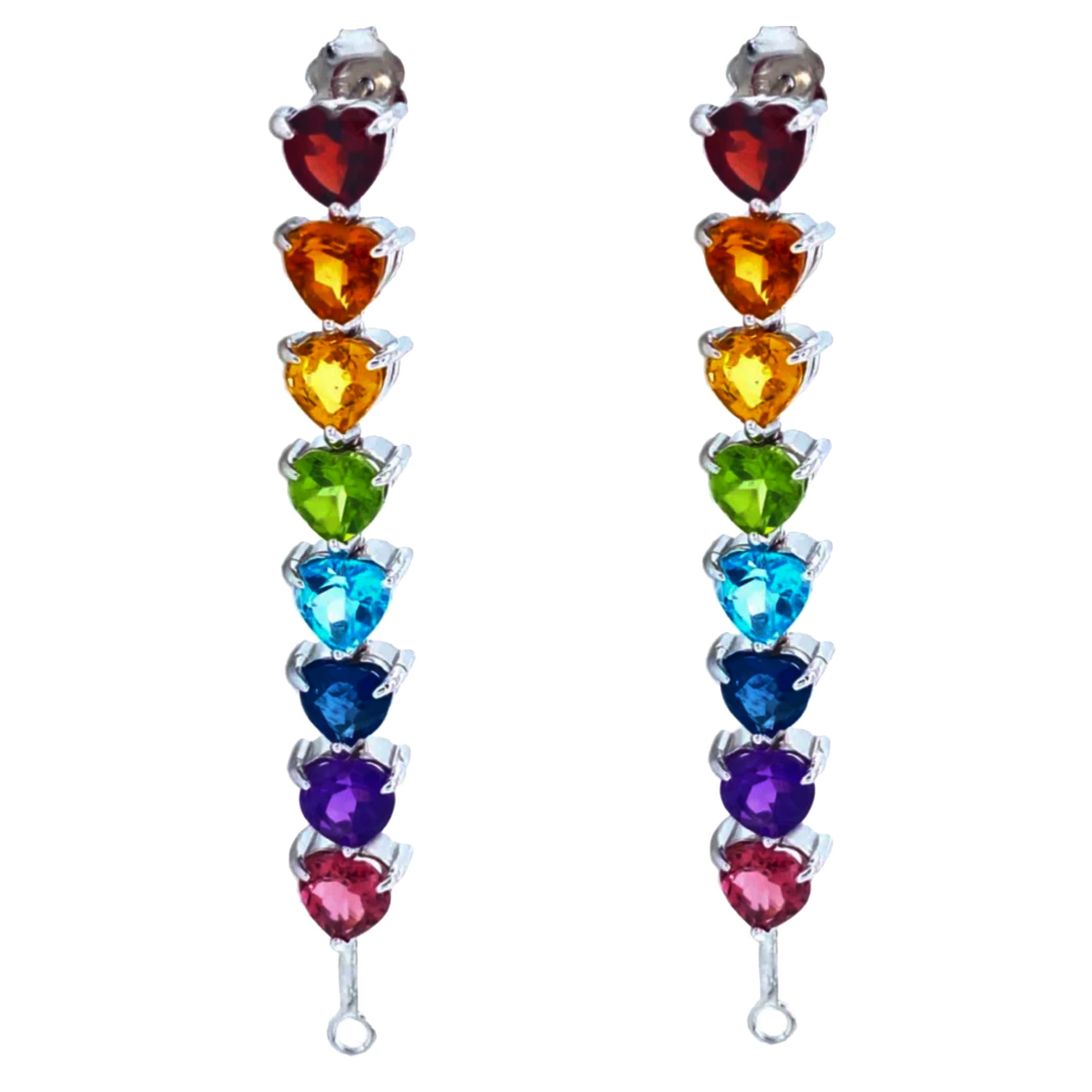 Pair of 14K White Gold Rainbow Heart Drop Earrings For Sale