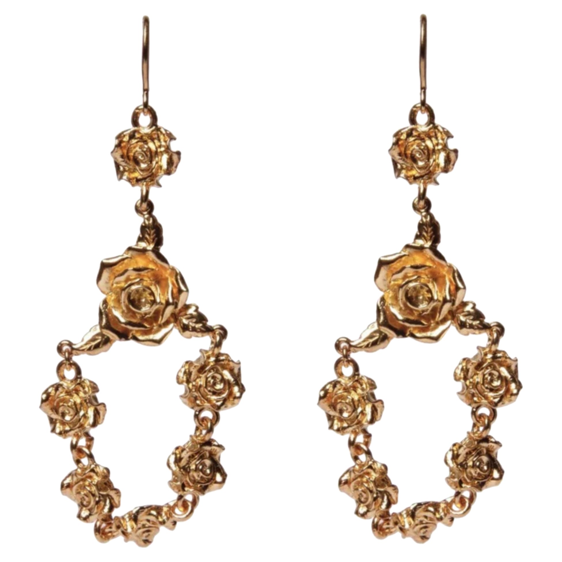 24K Gold Rosette Chandelier Earrings Plated on Brass For Sale