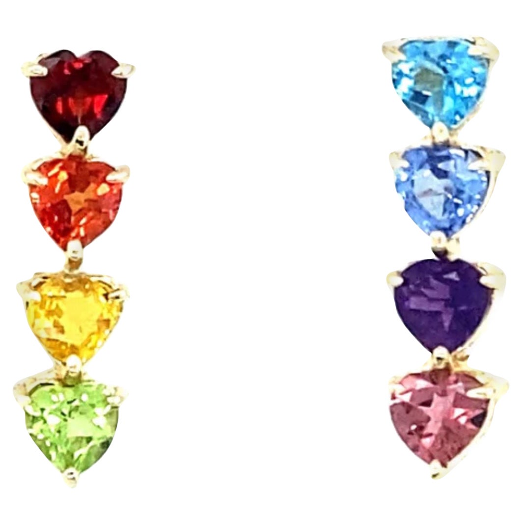 Pair of 14K Yellow Gold Rainbow Heart Ear Climbers For Sale