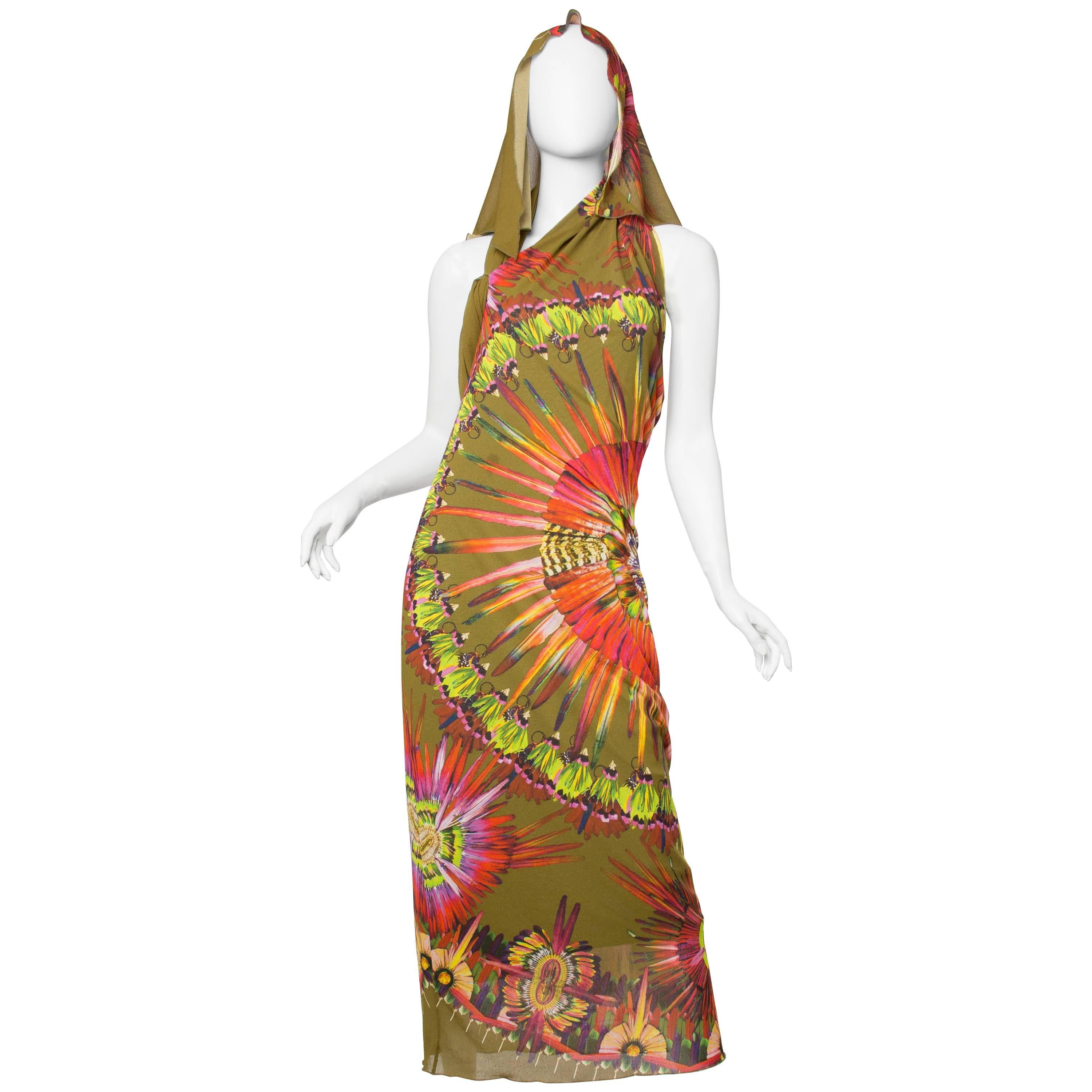 Jean Paul Gaultier Backless Tropical Tribal Feather Print Dress