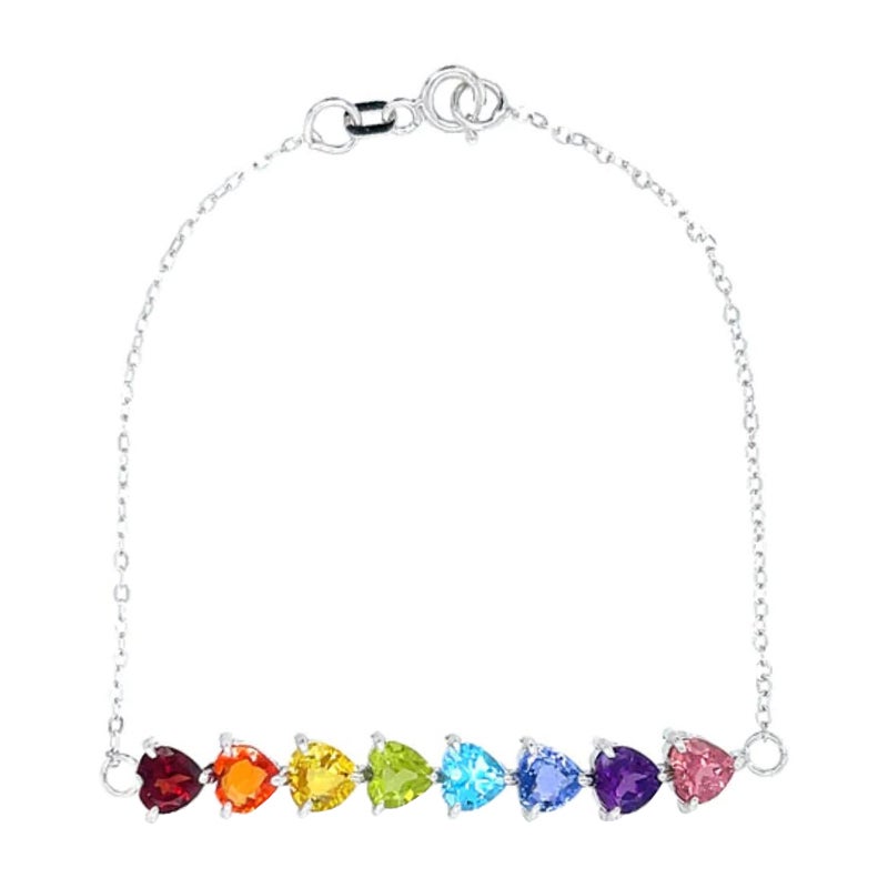14K White Gold One Rainbow Heart Chain Bracelet For Sale