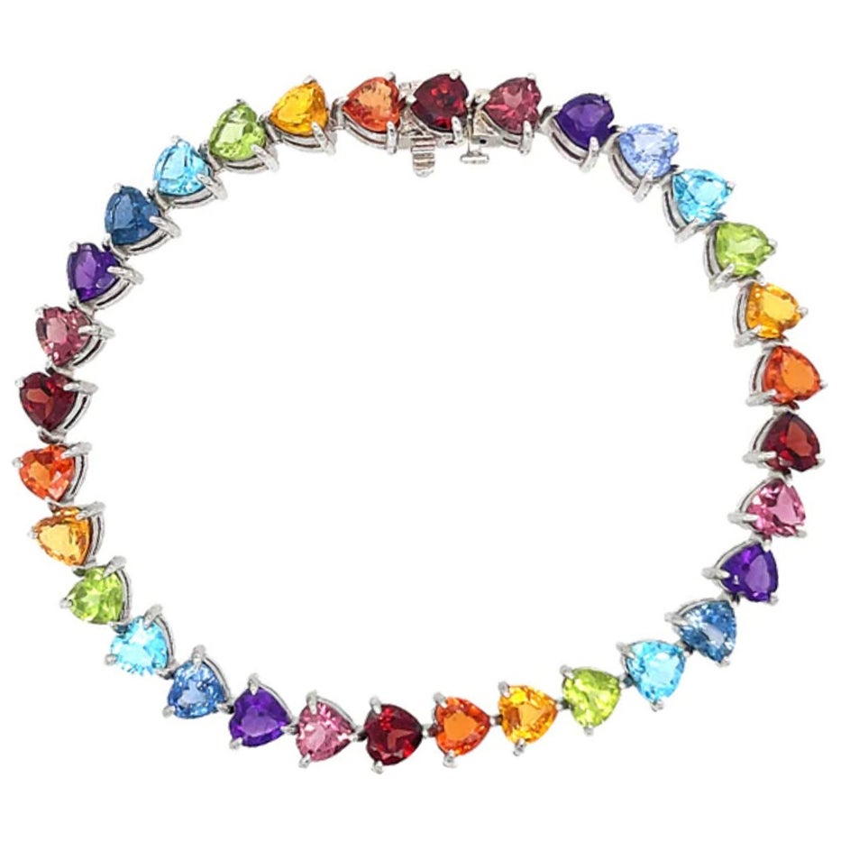 14K White Gold Rainbow Heart Tennis Bracelet For Sale