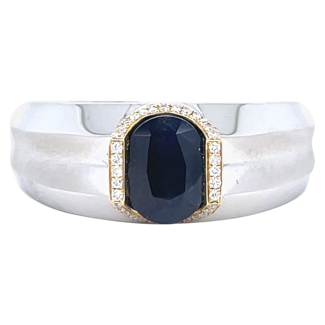 Men's Sapphire Oval and Diamond 14KWY Two tone Gold Ring For Sale