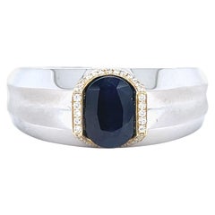 Bague pour homme en or bicolore 14 carats avec saphir ovale et diamants