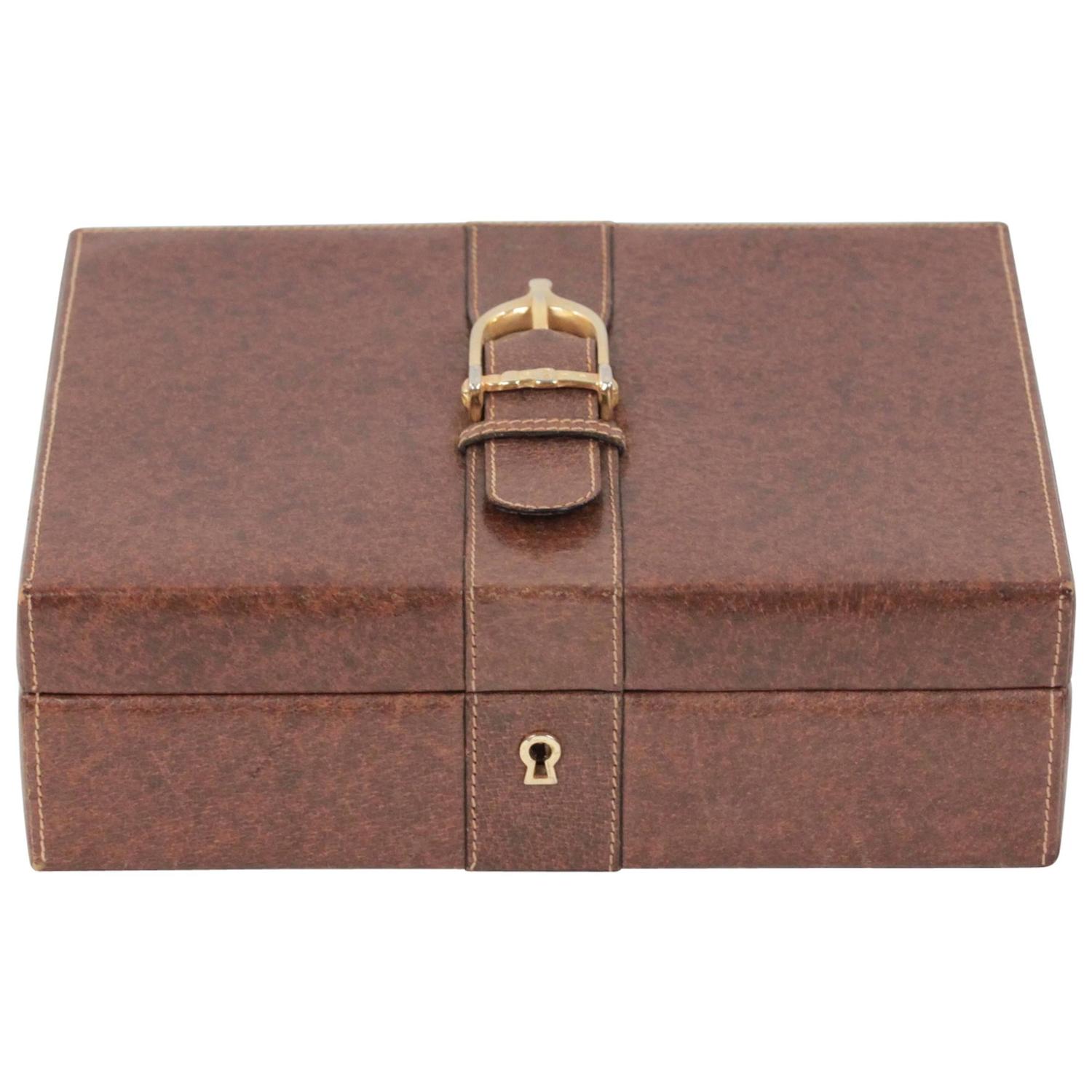 GUCCI VINTAGE Brown Leather BOX JEWELRY CASE w/ STIRRUP Detail HOME
