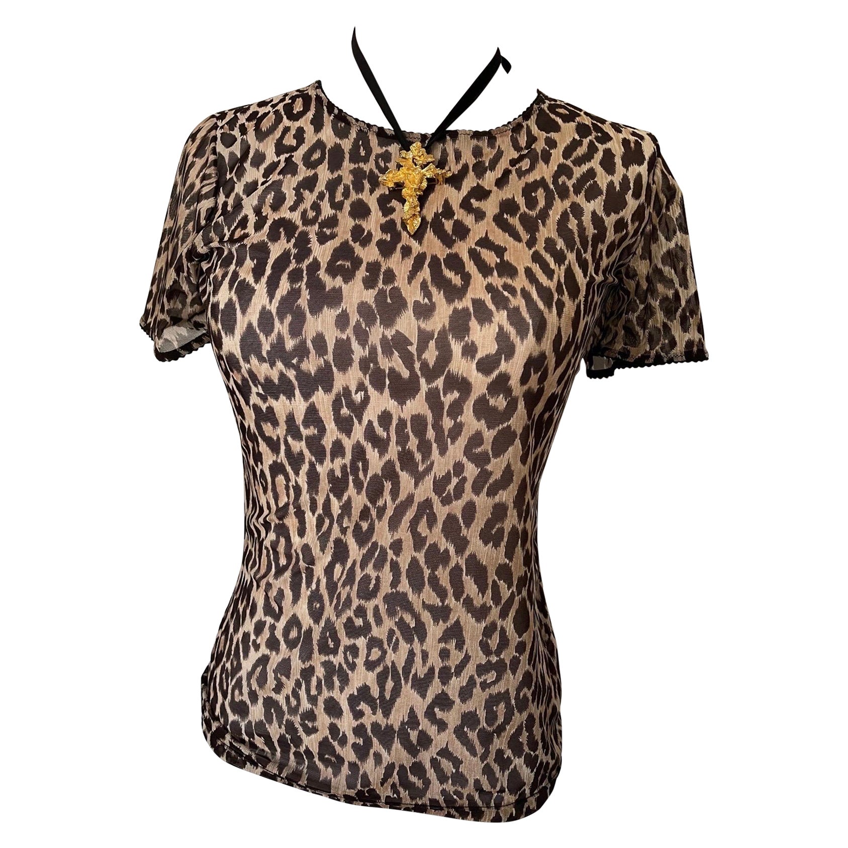 Vintage Dolce & Gabbana Sheer Cheetah Print Ruffle Lace See Through T Shirt Top For Sale