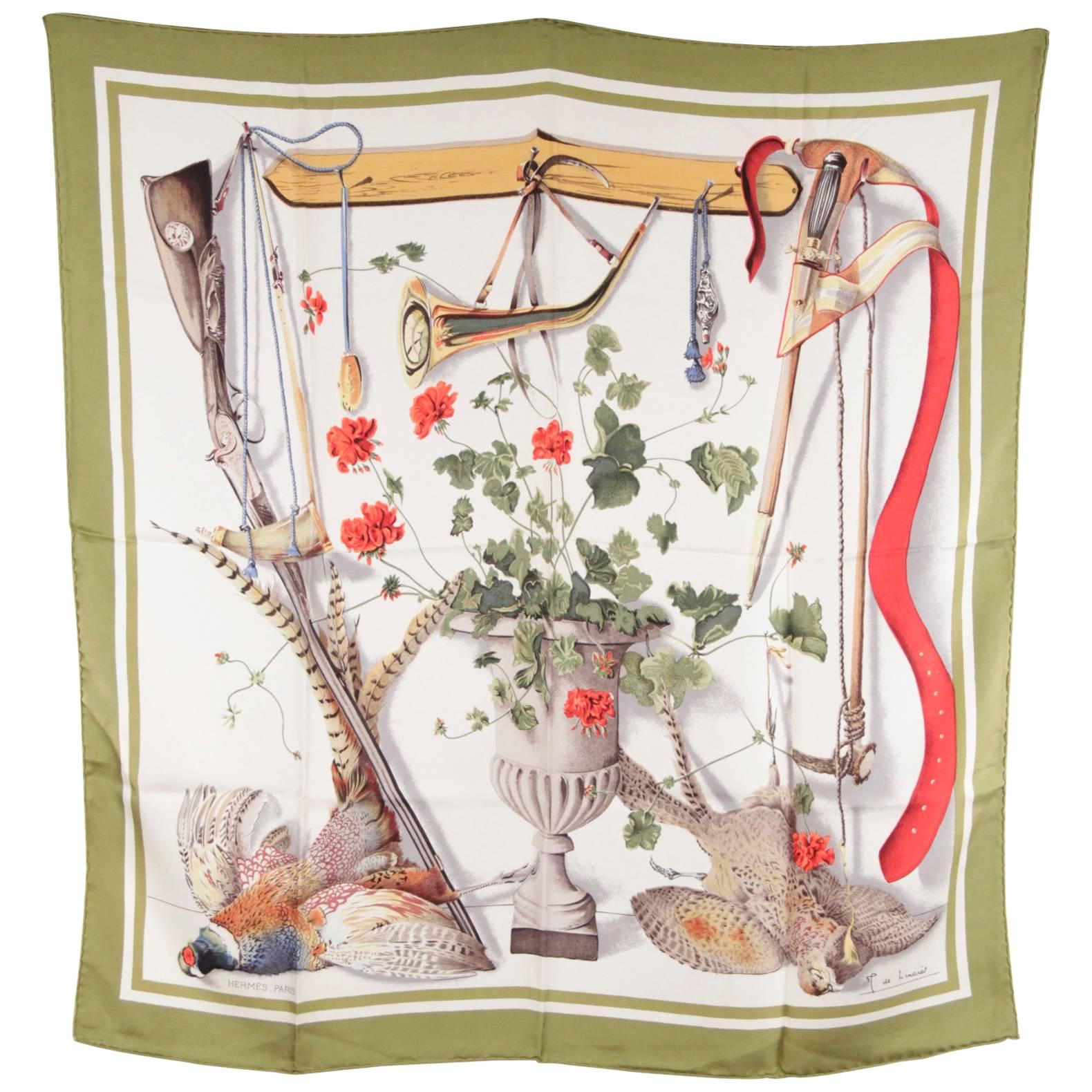 HERMES PARIS Vintage Silk Scarf FLEURS & GIBIERS De Linares 1962