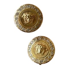 Vintage 90s Gianni Versace stamped Gold Medusa Head Rhinestone Clip On Earrings 