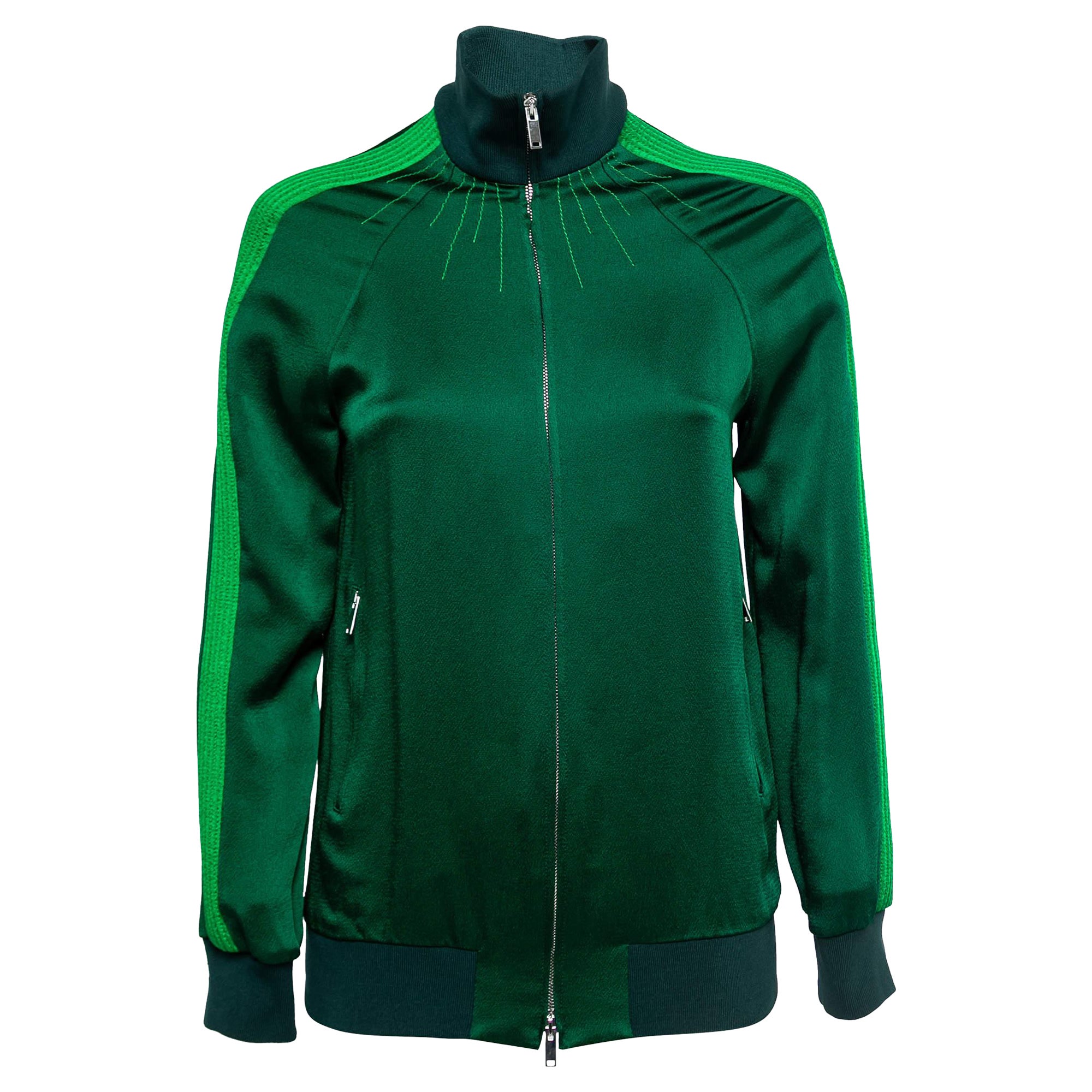 Valentino Green Crepe Pleated Stripe Detail Zip-Up Track Jacket S For Sale