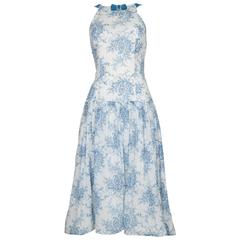 Vintage Late 1940
s Dutch Blue 
White Cotton Drop Waist Summer Dress