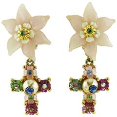 Christian Lacroix Vintage Jewelled Flower Cross Dangling Earrings 